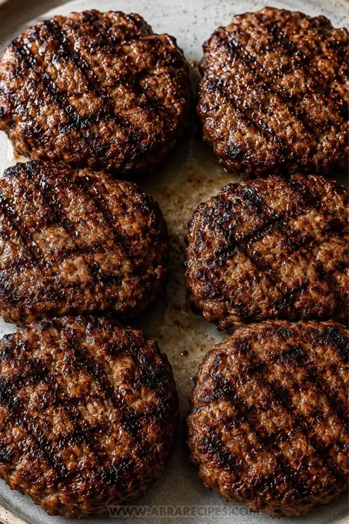 Six grilled 80/20 ground chuck burger patties with char marks resting on a plate for the best burger recipe