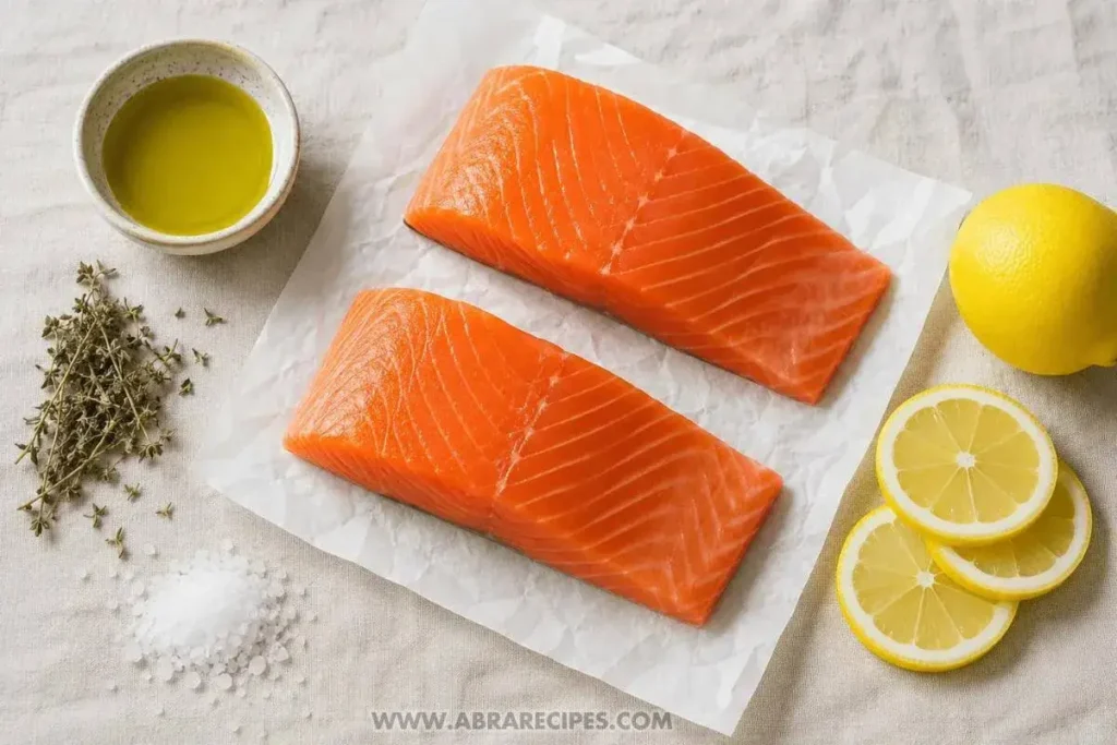 Fresh salmon fillets with lemon rounds, avocado oil, Italian seasoning, and sea salt arranged as ingredients for grilled salmon in foil