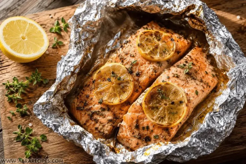 Grilled salmon in foil packet opened on a cutting board showing flaky lemon-herb salmon fillets