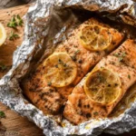 Grilled salmon in foil packet opened on a cutting board showing flaky lemon-herb salmon fillets