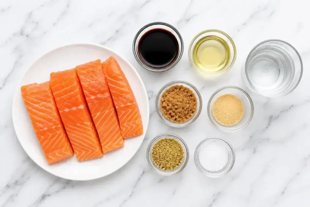 salmon fillets, soy sauce, brown sugar, vegetable oil, garlic powder, lemon pepper, salt, and water on a white marble surface