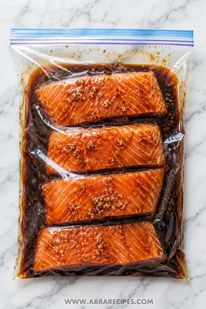 Salmon fillets soaking in dark soy sauce and brown sugar marinade inside a resealable zip-top bag on a white marble surface