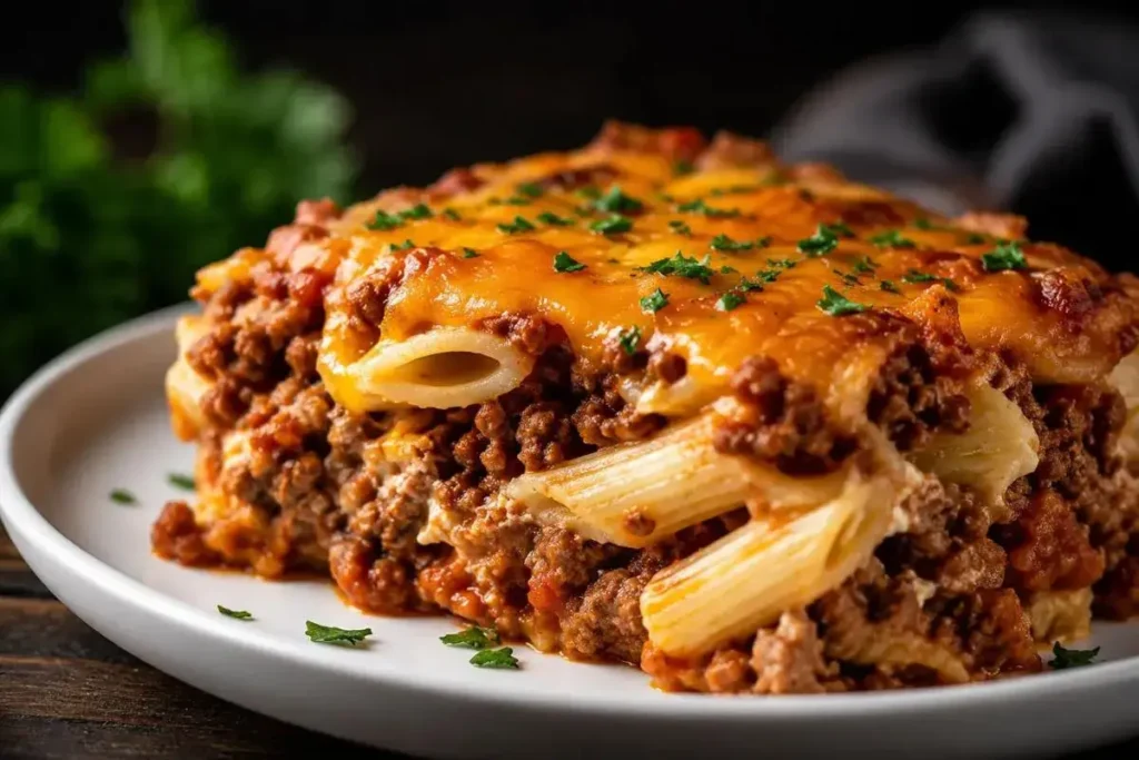 Plated serving of ground beef casserole showing cheesy penne pasta with seasoned beef and browned cheddar topping
