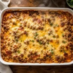 Golden cheesy ground beef casserole fresh from the oven in a white 9x13 baking dish