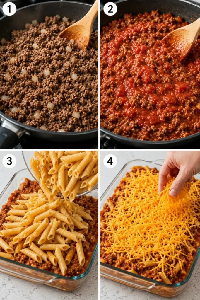 Four-step cooking process for ground beef casserole: browning beef, adding marinara, layering pasta, topping with cheddar