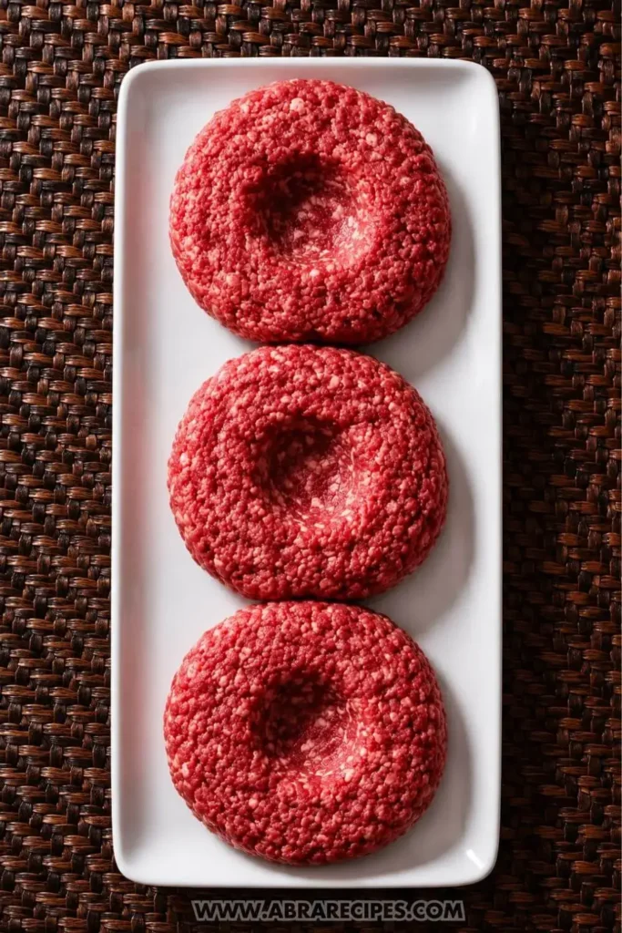 Raw 80/20 ground chuck burger patties with thumb indentations on a white plate ready to grill for the best burger recipe