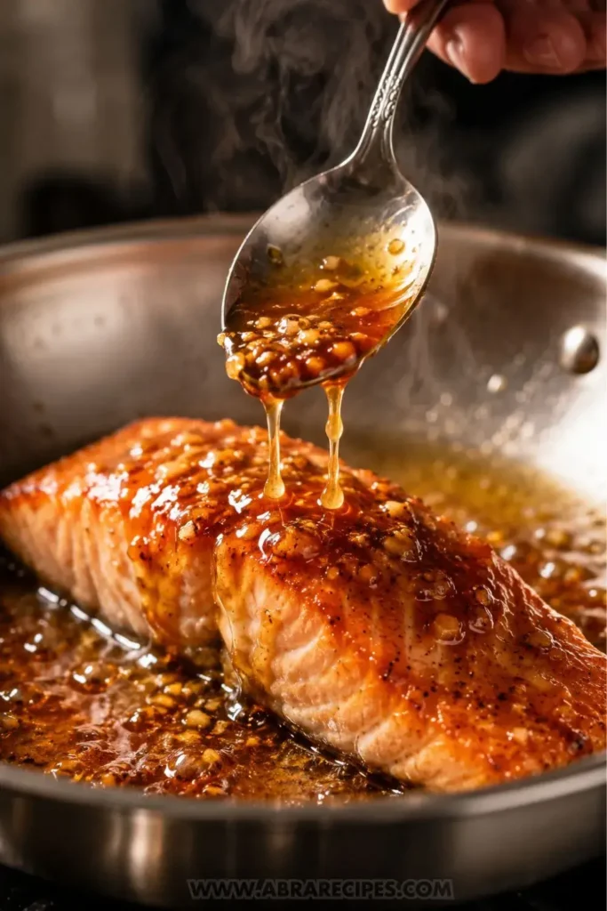 Spooning honey garlic salmon glaze over fillet in skillet, basting technique for maximum flavor