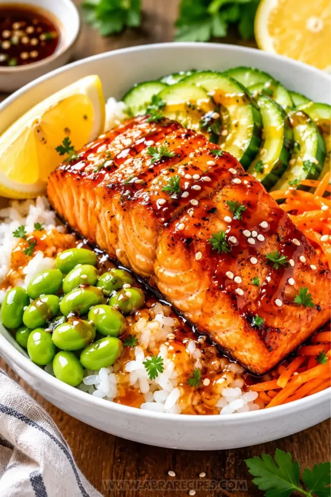 Honey glazed salmon bowl with jasmine rice, cucumber, carrots, edamame and sesame seeds