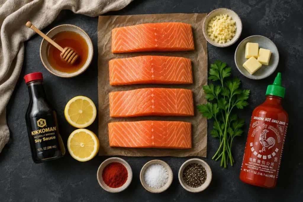 Honey glazed salmon ingredients including salmon fillets, honey, soy sauce, garlic, butter, sriracha and lemon