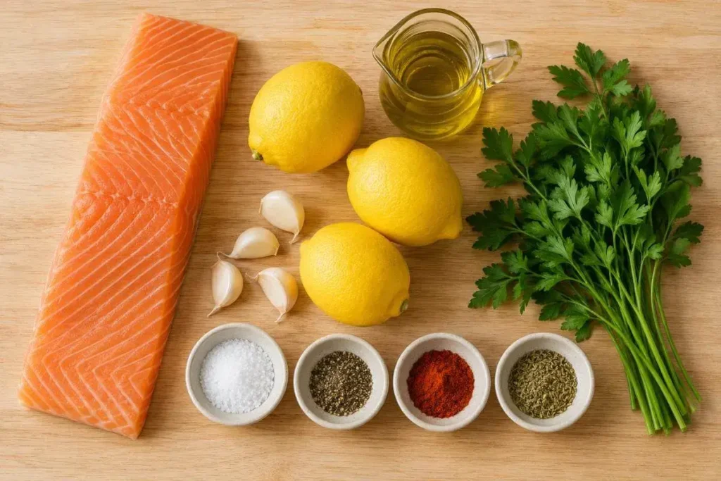 Fresh salmon fillet, lemons, garlic, olive oil, paprika, oregano, and parsley laid out on a wooden board for lemon garlic salmon recipe