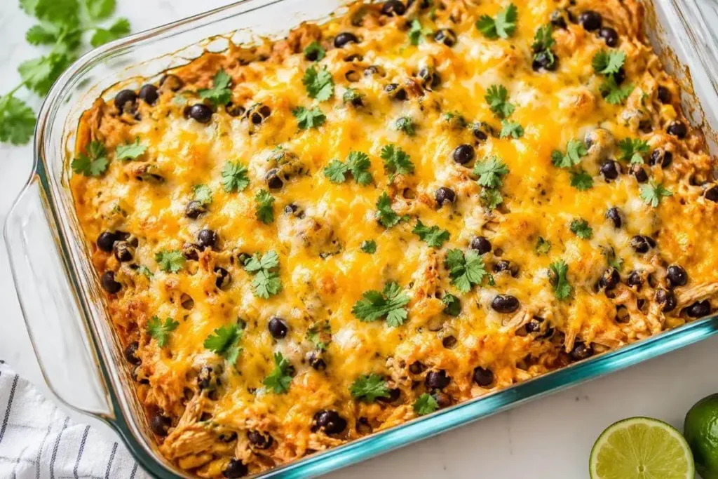 cheesy Mexican chicken casserole with black beans and melted Colby Jack in glass baking dish.