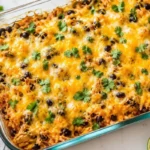 cheesy Mexican chicken casserole with black beans and melted Colby Jack in glass baking dish.