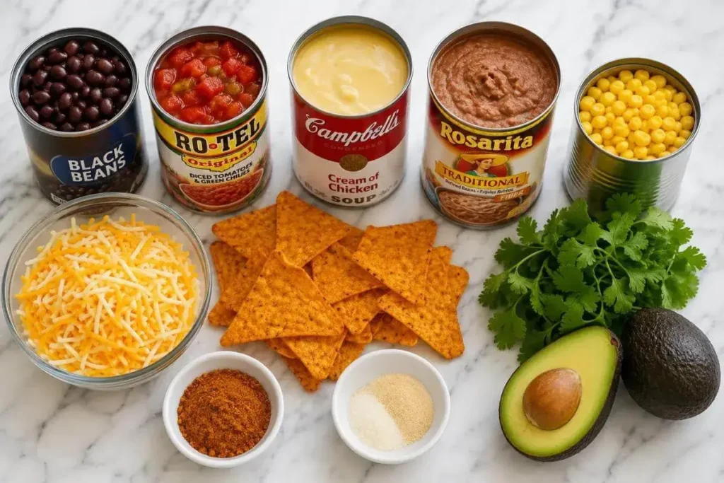 Mexican chicken casserole ingredients including canned beans, Rotel, Doritos, shredded chicken and cheese
