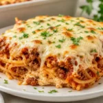 Million Dollar Spaghetti baked casserole served on a white plate with melted mozzarella and parsley garnish.