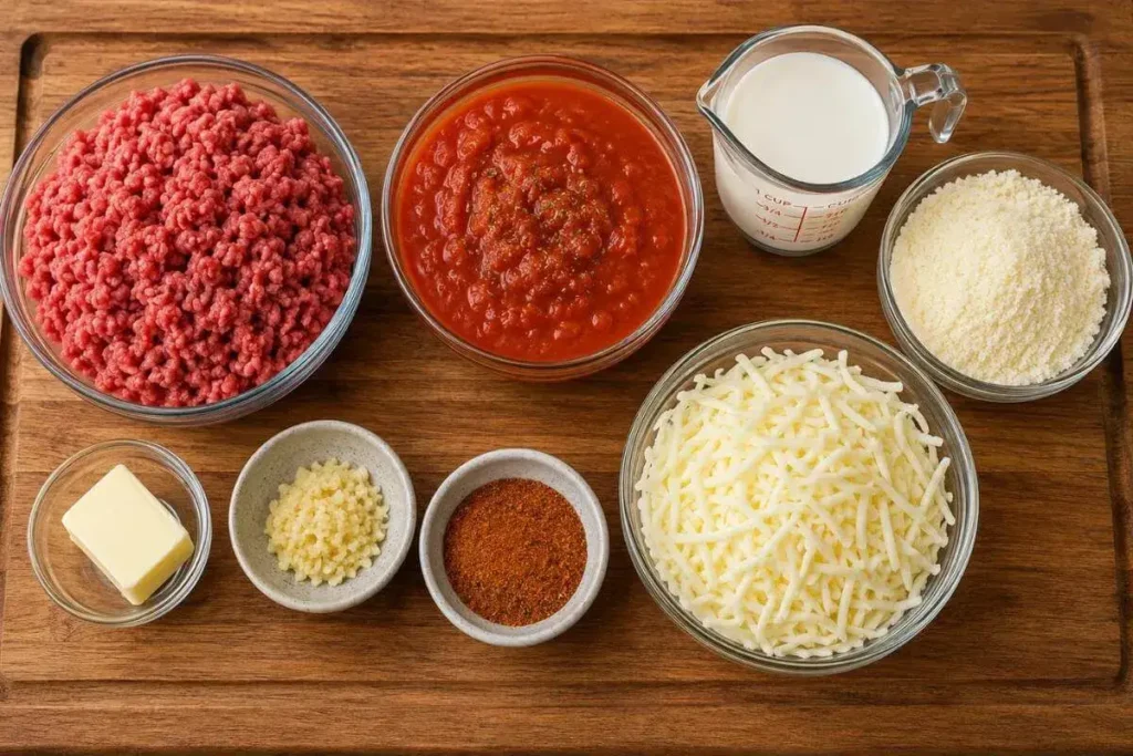 All ingredients for Million Dollar Spaghetti laid out on a wooden board including ground beef, marinara, heavy cream, parmesan, mozzarella, butter, garlic and Cajun seasoning