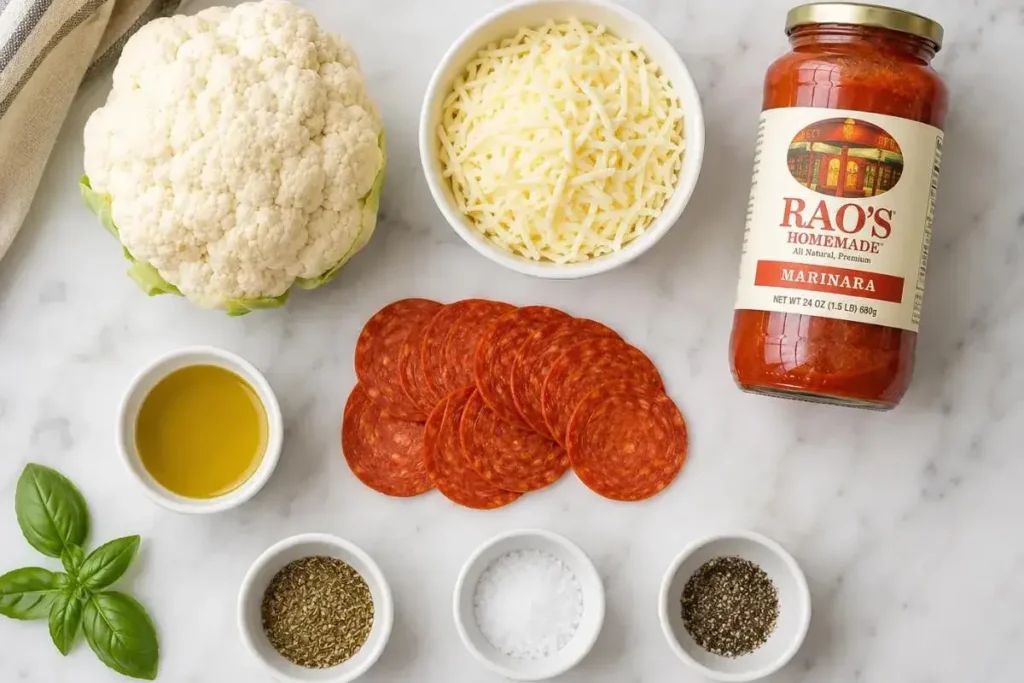 Pouring marinara sauce over roasted cauliflower florets in a white casserole dish for pizza casserole