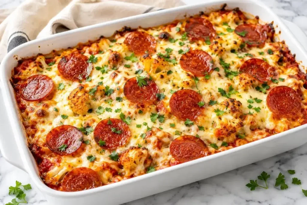 Pizza casserole ingredients including cauliflower, mozzarella, marinara sauce, and beef pepperoni on white marble