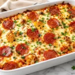 Pizza casserole ingredients including cauliflower, mozzarella, marinara sauce, and beef pepperoni on white marble