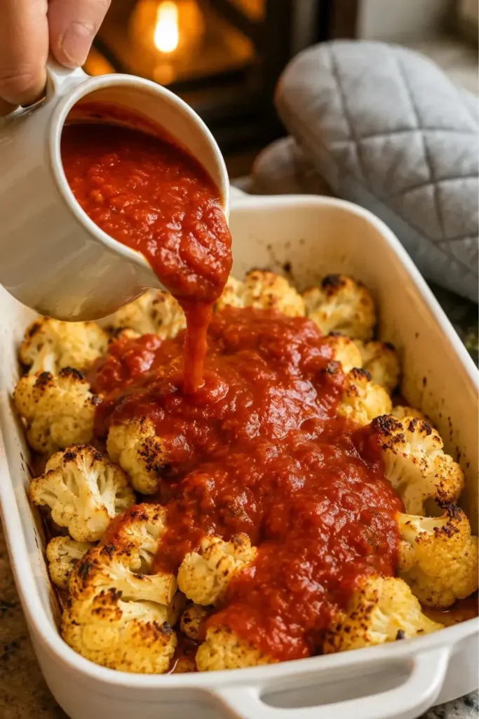 Pouring marinara sauce over roasted cauliflower florets in a white casserole dish for pizza casserole