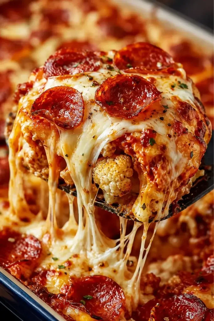 Single serving of pizza casserole being lifted with a spatula showing melted mozzarella and crispy pepperoni