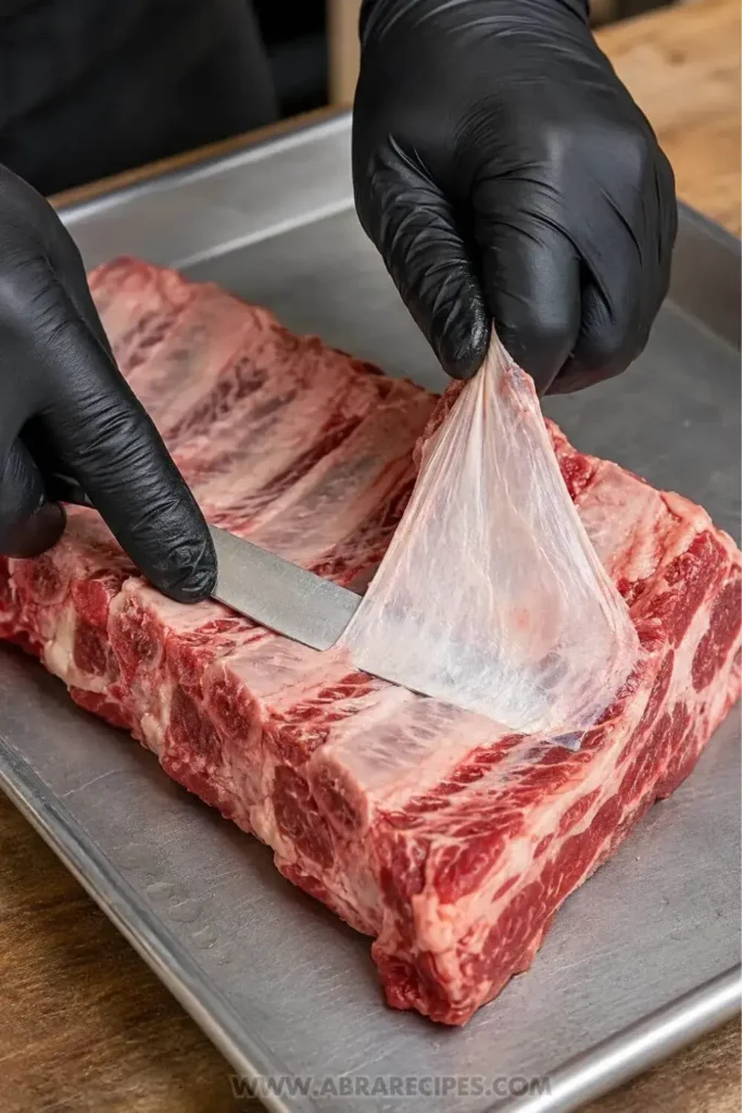 Hands removing the silver membrane from the bone side of a raw beef rib rack with a butter knife