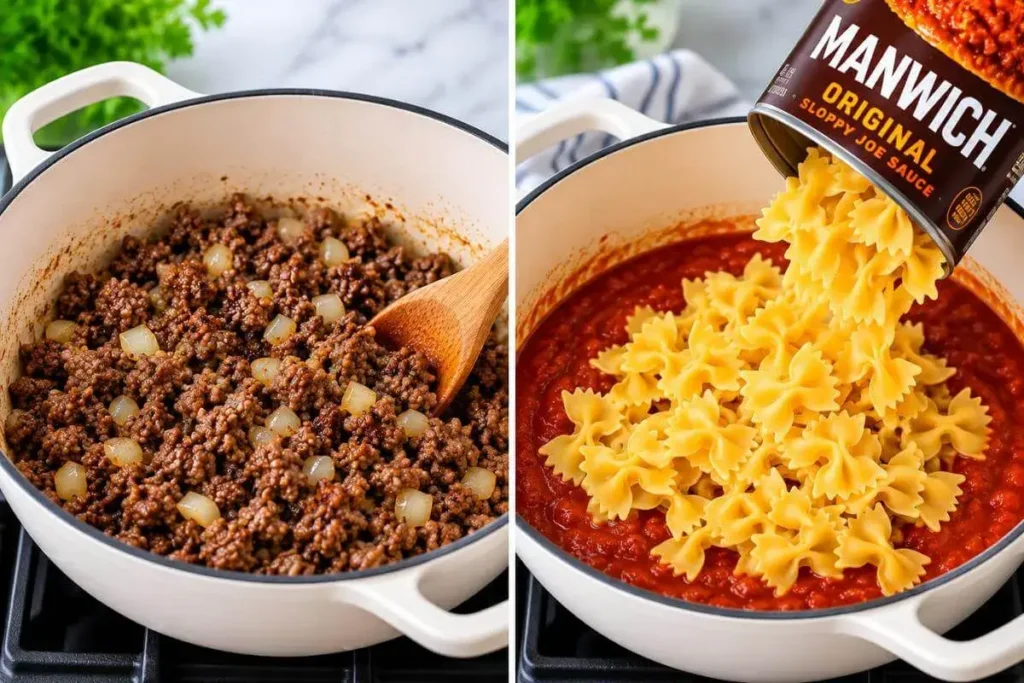 Browning ground beef with onions in skillet on the left, adding dry farfalle pasta to red sauce on the right