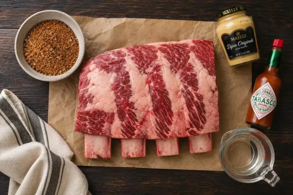 Raw beef ribs rack with Dijon mustard, beef rub seasoning, vinegar and hot sauce for smoking