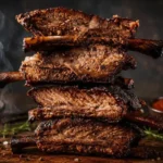 Stack of four smoked beef ribs on a wooden board showing dark bark crust and juicy interior