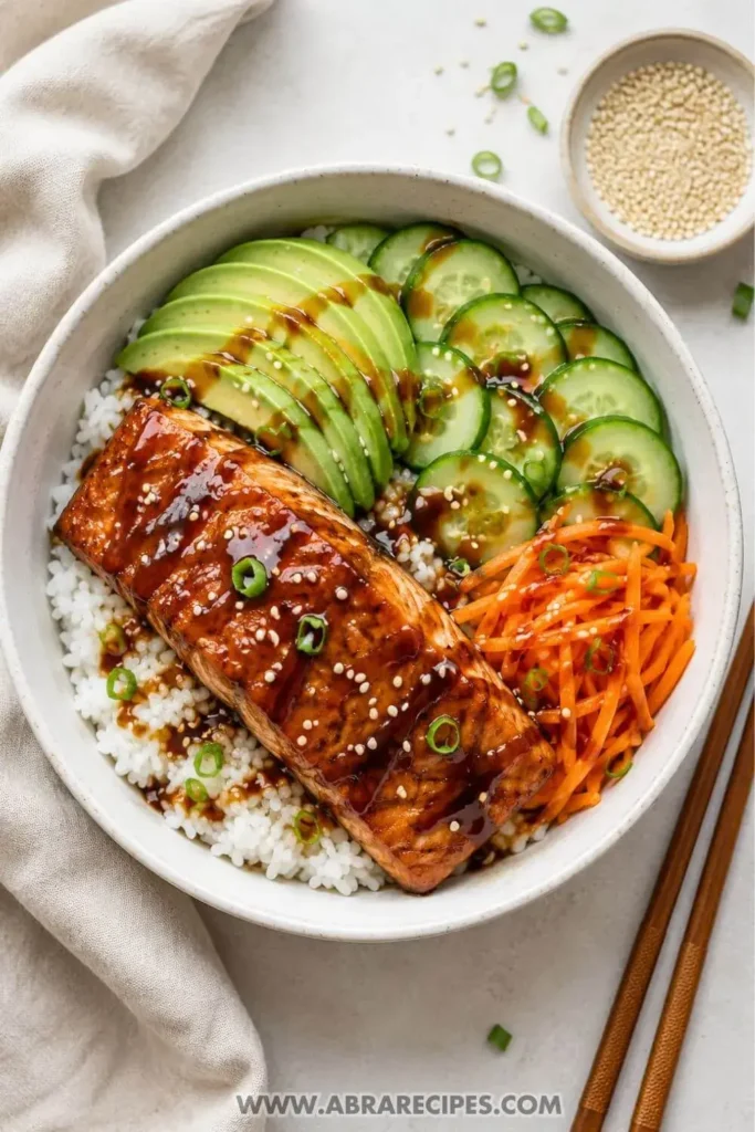 Teriyaki salmon bowl with steamed rice, glazed salmon fillet, avocado, cucumber, and sesame seeds in a white bowl