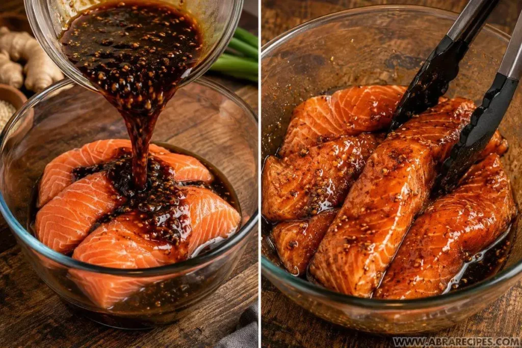 Pouring homemade teriyaki marinade over raw salmon fillets in a bowl and coating with tongs