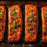 Baked teriyaki salmon fillets with homemade glaze, sesame seeds, and green onion on a dark baking sheet
