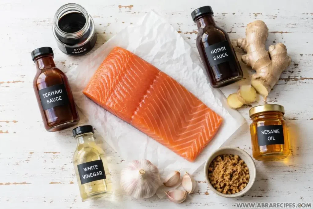 Raw salmon fillet surrounded by teriyaki sauce, hoisin sauce, soy sauce, brown sugar, sesame oil, ginger, and garlic on a white surface