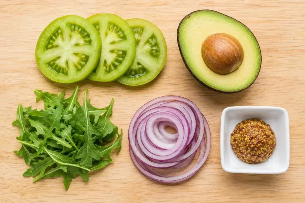 Burger toppings for the best burger recipe including sliced green tomato, avocado, arugula, red onion, and whole grain mustard on a wooden cutting board