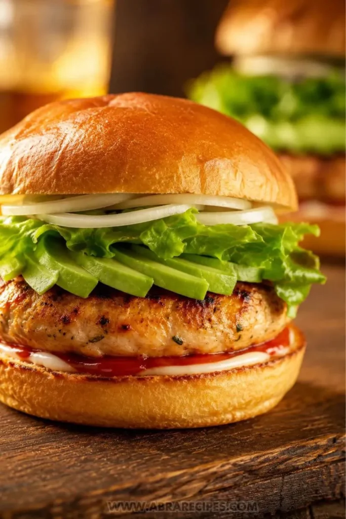 Assembled turkey burger on toasted brioche bun with avocado, lettuce, onion, and ketchup served on a wooden board