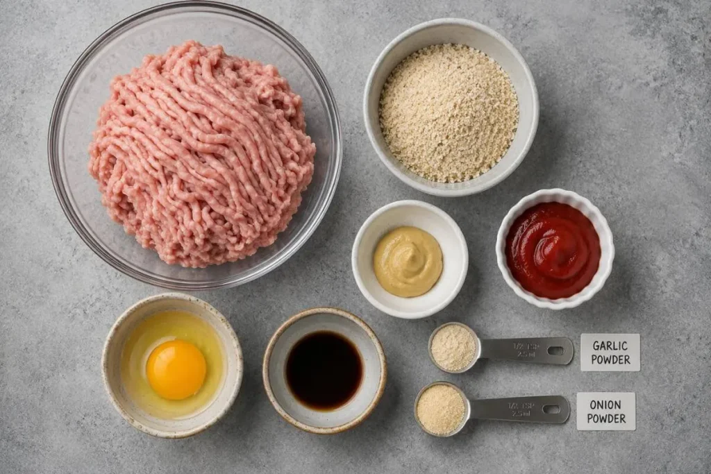 Turkey burger ingredients including ground turkey, egg, breadcrumbs, ketchup, and Dijon mustard in a glass bowl