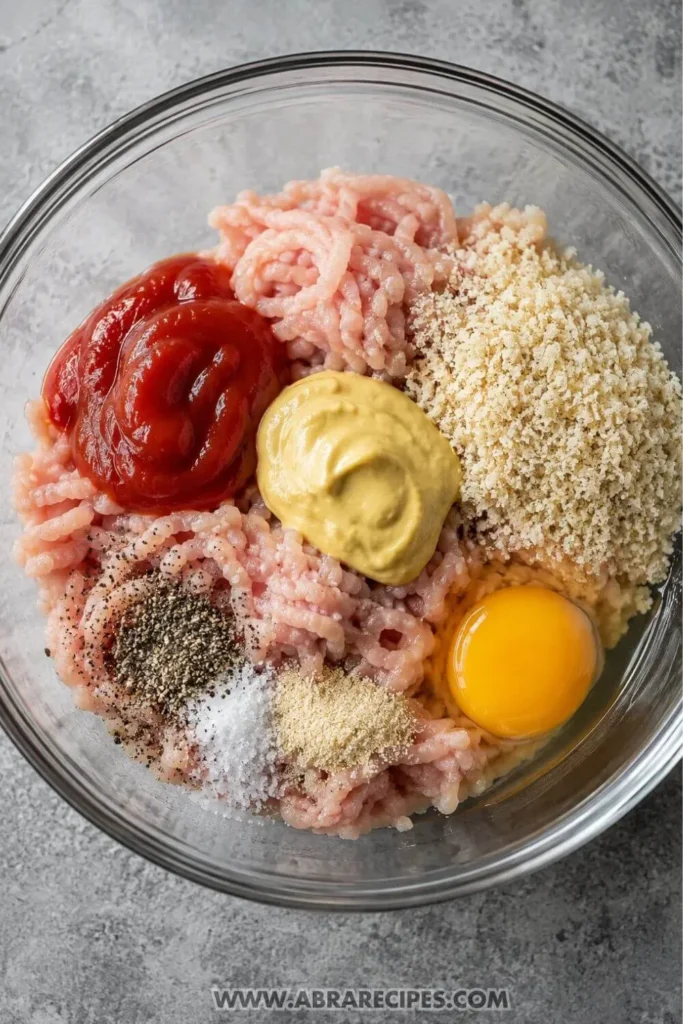 Raw ground turkey with egg, ketchup, breadcrumbs and seasonings in a glass bowl ready to be mixed for turkey burgers