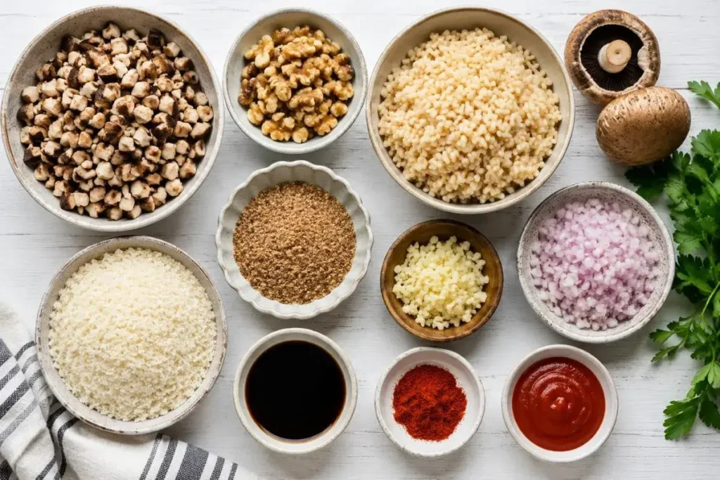 Overhead flat lay of veggie burger ingredients including mushrooms, walnuts, brown rice, panko, and flaxseed