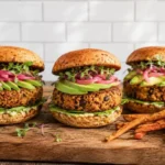 Three assembled veggie burgers on a wooden board with avocado, red onion, sprouts, and fries